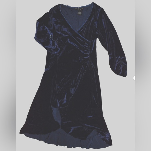 HYPE NEW BIG GIRLS SZ 12 NAVY BLUE V NECK VELVET RUCHED RUFFLES FANCY DRESS - Picture 5 of 6